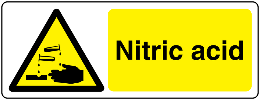 Warning sticker with hazard triangle and yellow panel reading "Nitric acid"