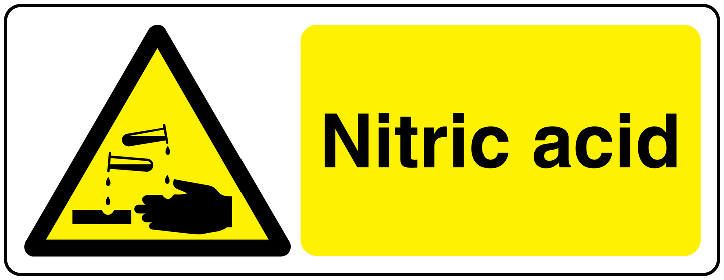 Warning sticker with hazard triangle and yellow panel reading "Nitric acid"