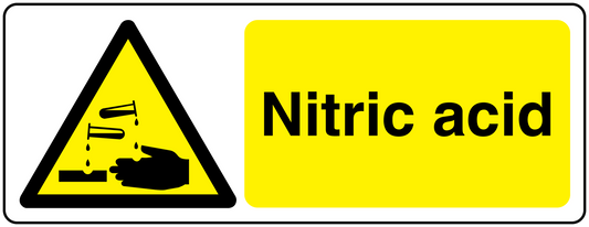 Warning sticker with hazard triangle and yellow panel reading "Nitric acid"