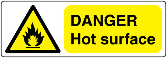 Hot surface danger rectangle sticker with flame hazard icon and 'DANGER Hot surface' text