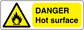Hot surface danger rectangle sticker with flame hazard icon and 'DANGER Hot surface' text