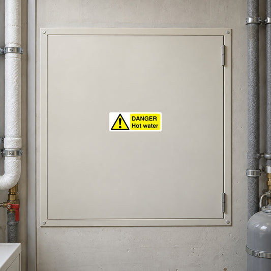 Danger Hot Water rectangle sticker with yellow warning triangle and bold text