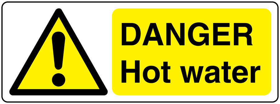 Danger hot water rectangular warning sticker with yellow background, triangle symbol, and bold text
