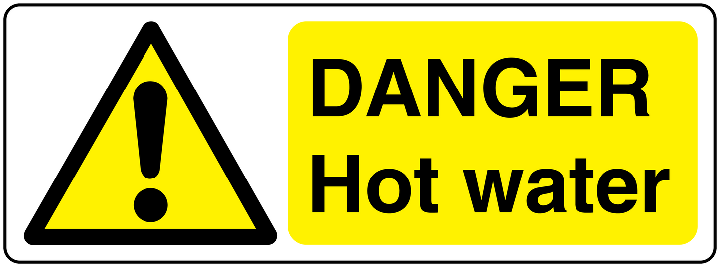 Danger hot water rectangular warning sticker with yellow background, triangle symbol, and bold text