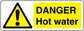 Danger hot water rectangular warning sticker with yellow background, triangle symbol, and bold text