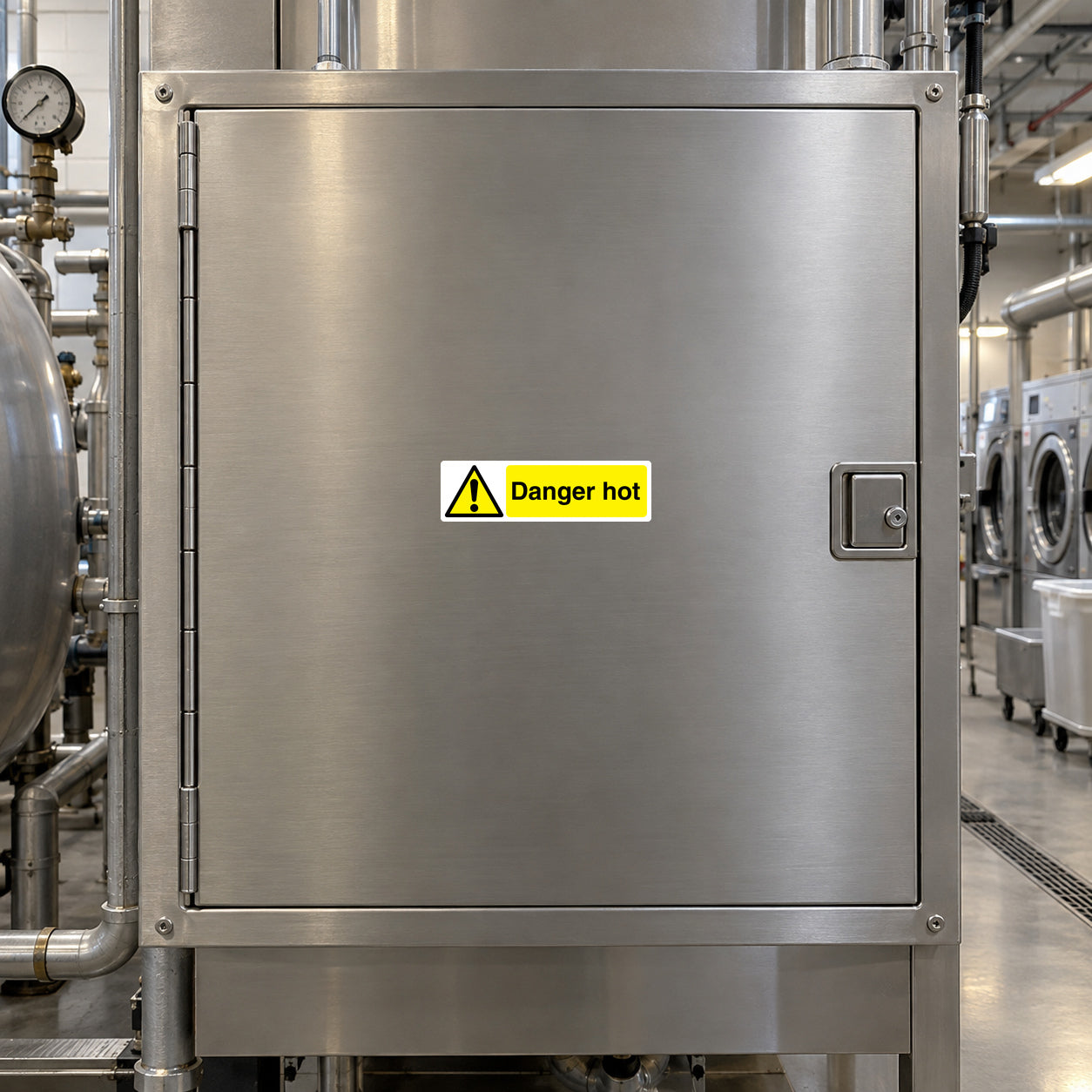Danger hot warning sticker on stainless steel equipment panel