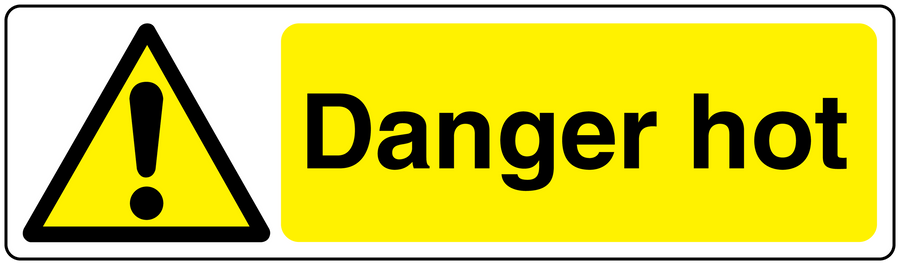Danger hot warning sticker with yellow triangle and exclamation mark