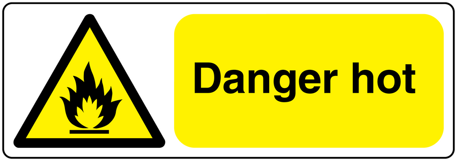 Danger hot warning sticker with yellow flame triangle and Danger hot text