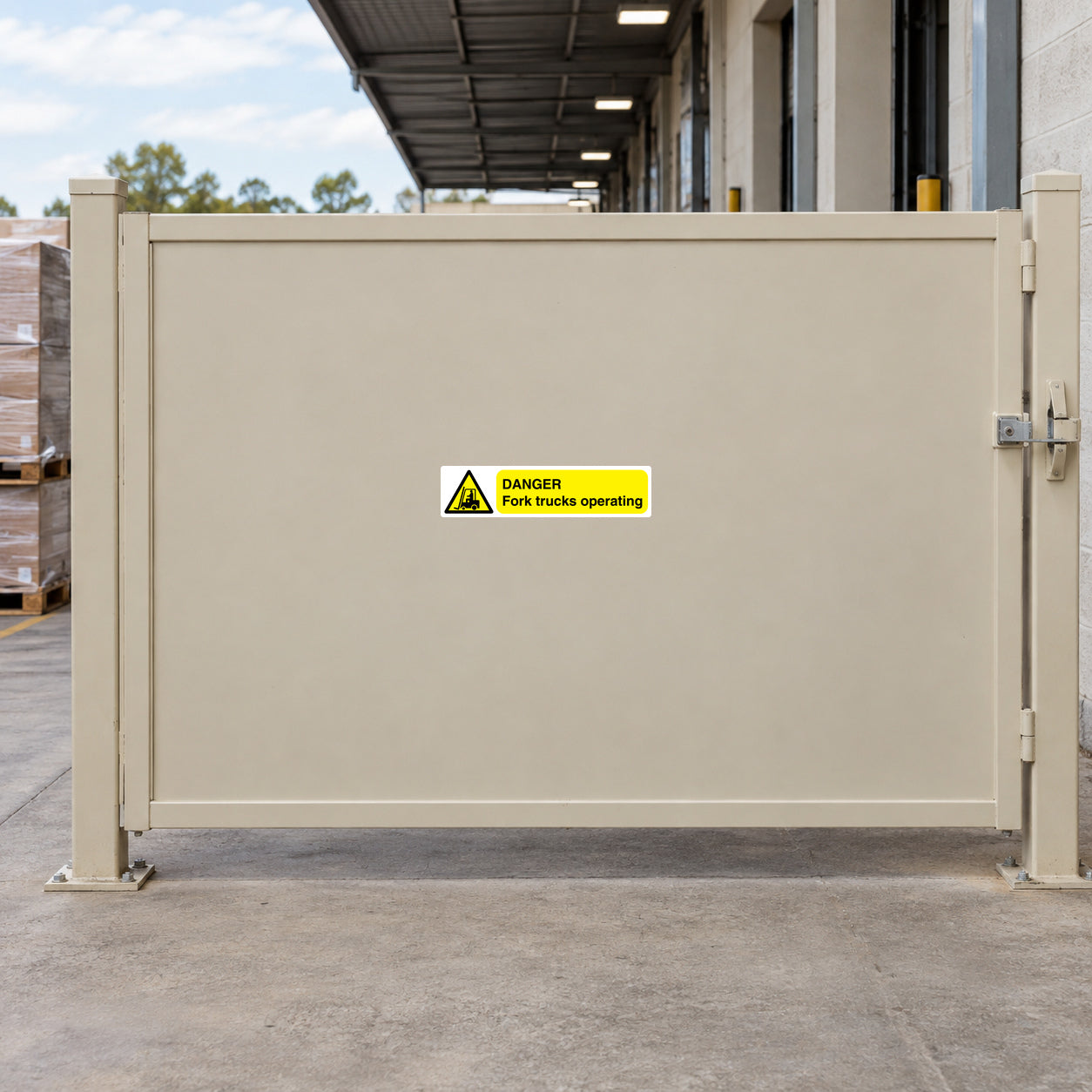 Danger fork truck operating warning sticker, small yellow caution label on beige panel
