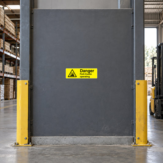 Yellow caution sticker for fork truck operation on a gray metal gate