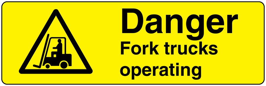 Yellow danger warning sticker with black triangle forklift icon and Danger Fork trucks operating text
