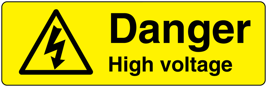 High-voltage warning sticker: yellow with black hazard triangle and 'Danger High voltage'.