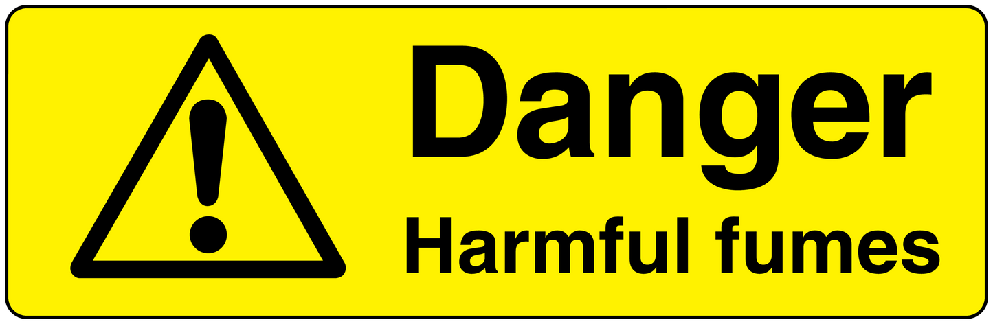Yellow warning sticker with black hazard triangle and text “Danger” and “Harmful fumes”