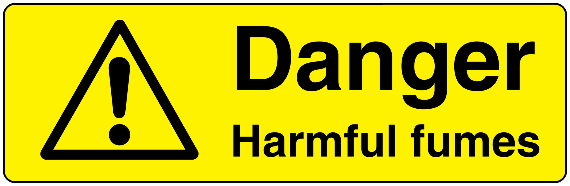 Yellow warning sticker with black hazard triangle and text “Danger” and “Harmful fumes”