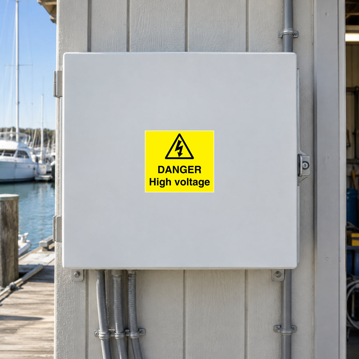Danger high-voltage warning sticker, yellow square with black lightning icon and text