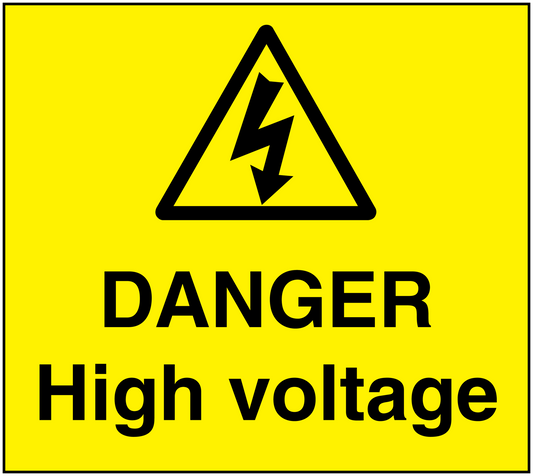 Yellow danger high voltage warning sticker with black lightning triangle and DANGER text