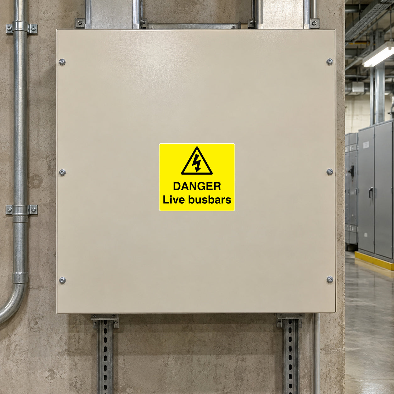 Electrical panel danger sticker: yellow DANGER Live busbars warning