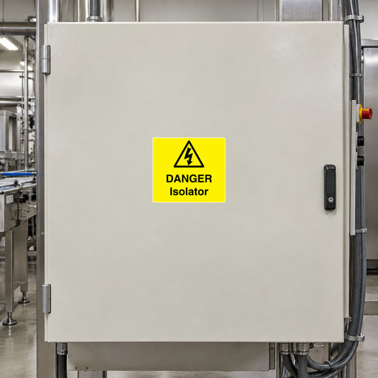 Yellow DANGER Isolator warning sticker with black hazard symbol