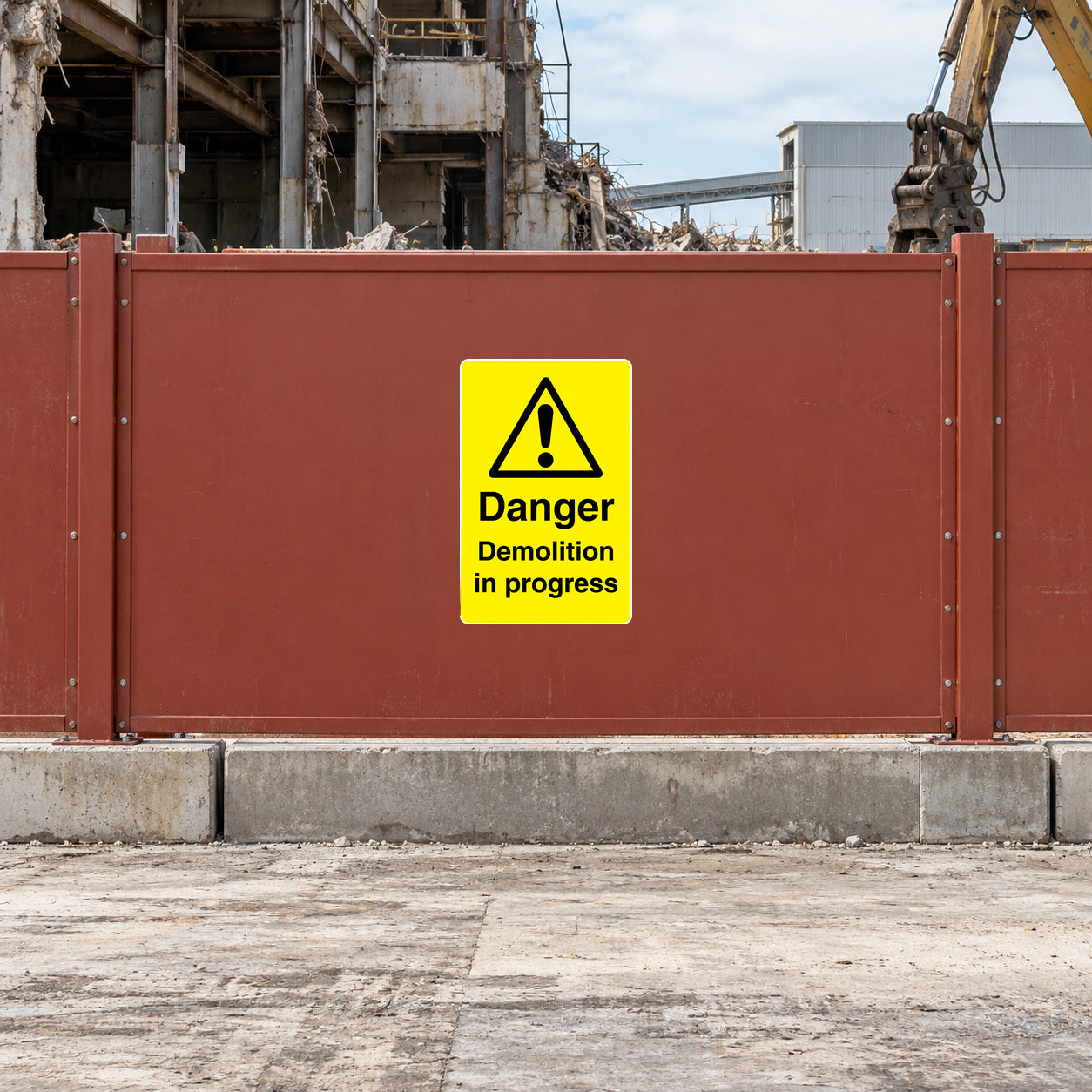 Red metal construction barrier with yellow danger warning sticker, demolition in progress