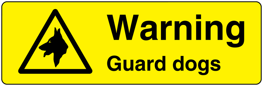 Warning guard dogs sticker, yellow rectangle with black warning triangle and “Warning Guard dogs” text