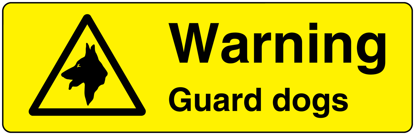 Warning guard dogs sticker, yellow rectangle with black warning triangle and “Warning Guard dogs” text
