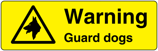 Warning guard dogs sticker, yellow rectangle with black warning triangle and “Warning Guard dogs” text