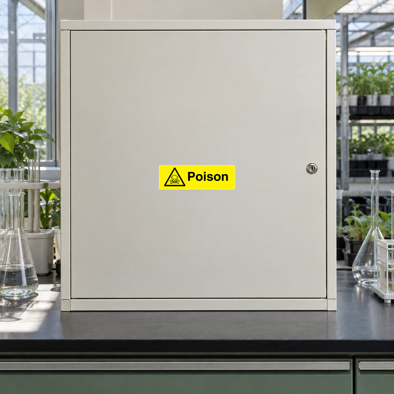 Poison warning sticker on a light cabinet door panel