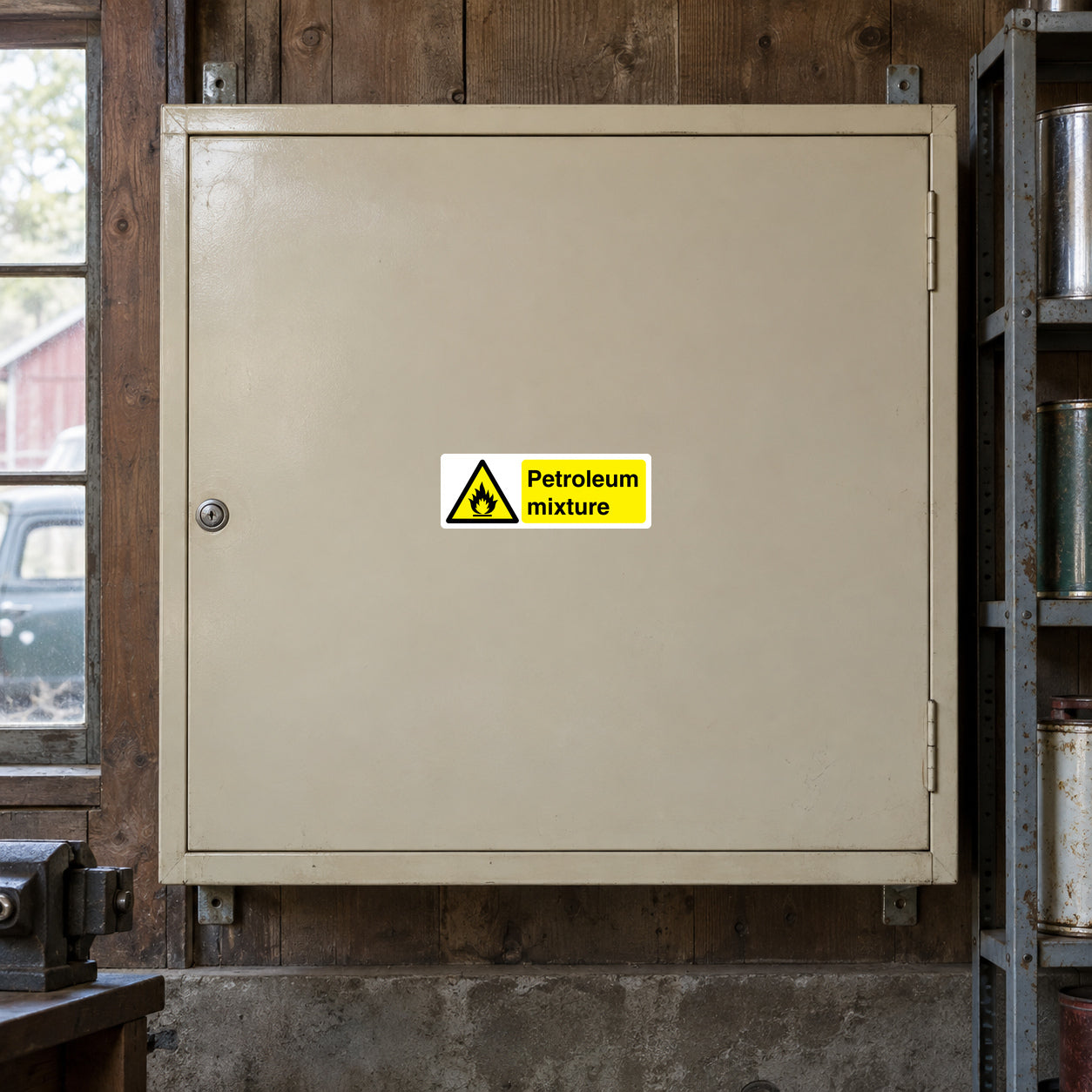 Danger Petroleum mixture warning sticker, yellow triangle and label on flat panel