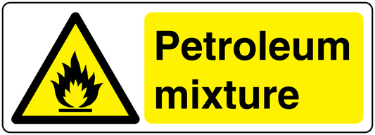 Danger Petroleum Mixture warning sticker with flame hazard symbol and yellow text
