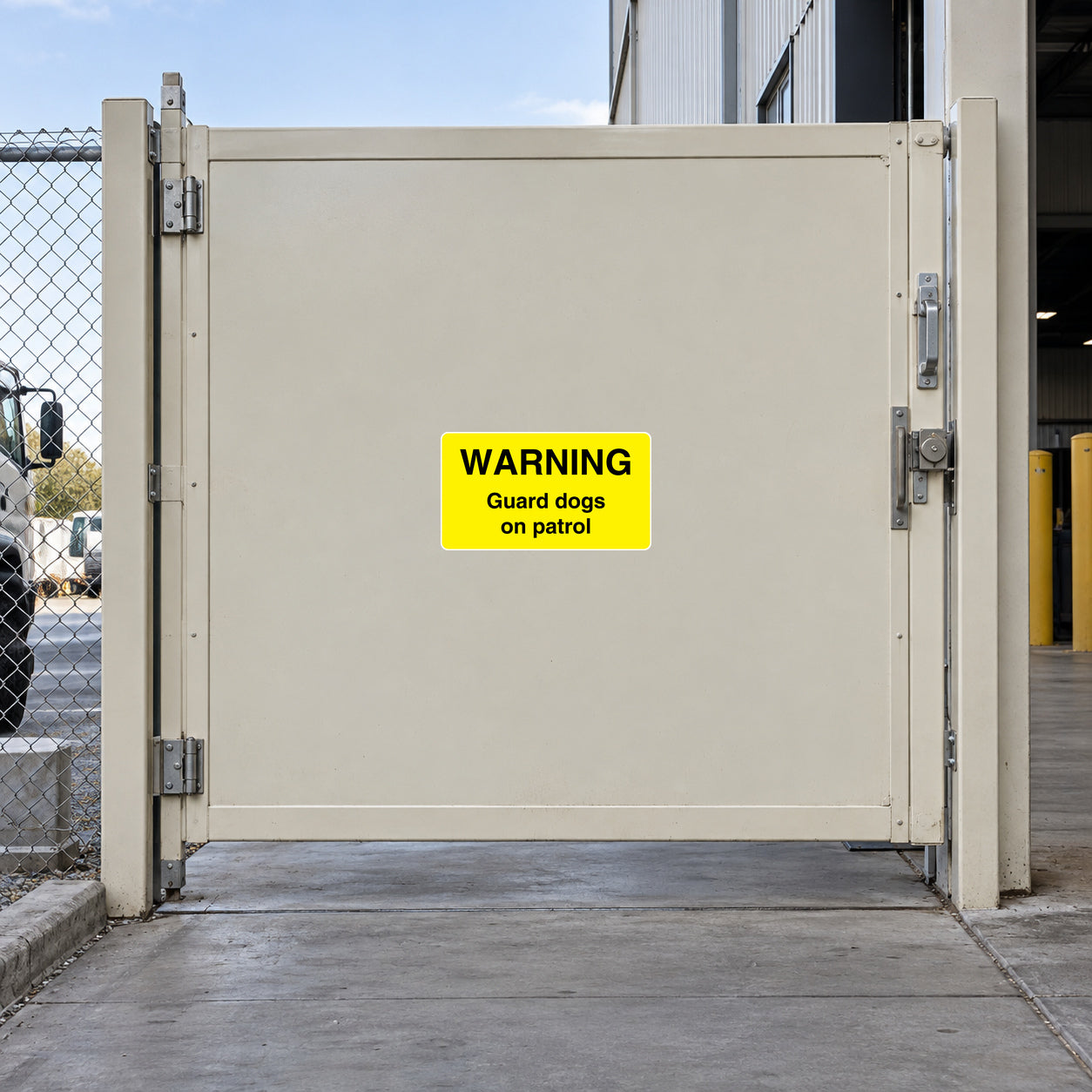 Yellow warning sticker: WARNING, Guard dogs on patrol