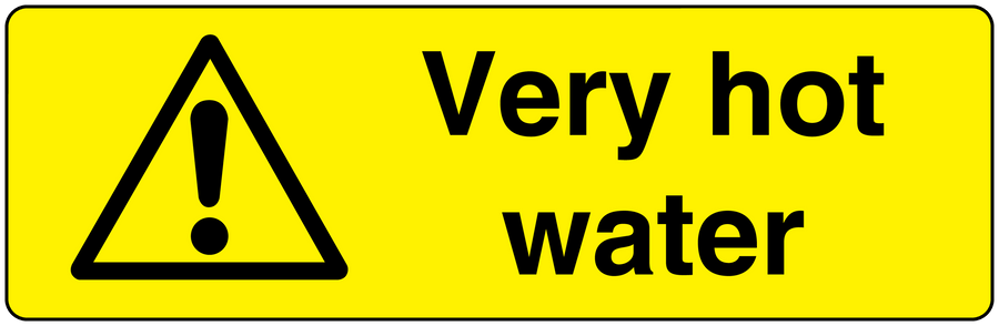 Warning sticker: “Very hot water” text with caution triangle