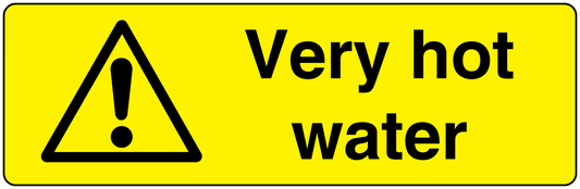 Warning sticker: “Very hot water” text with caution triangle