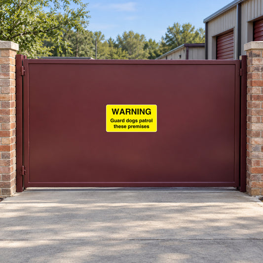 Yellow warning sticker on brown gate: WARNING—Guard dogs patrol these premises.