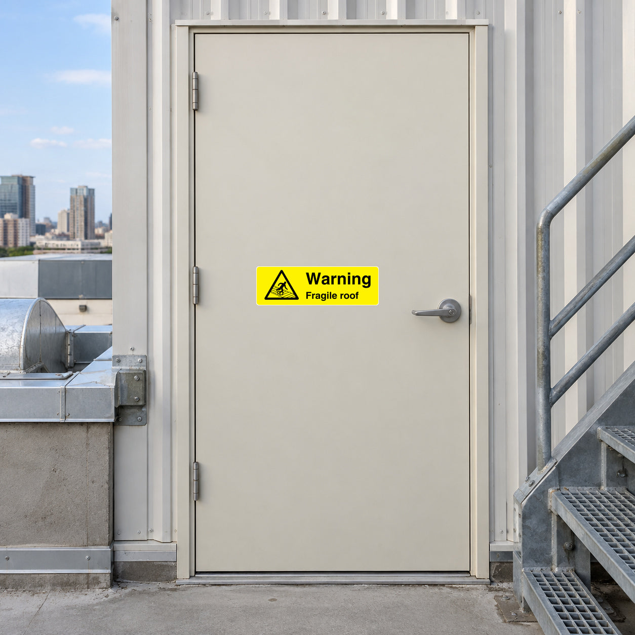 Warning fragile roof sticker on door, yellow hazard icon and black text