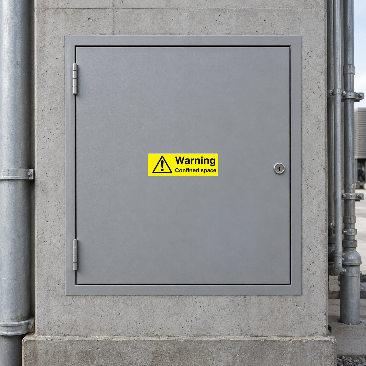 Warning Confined Space Sticker applied in A solid grey closed confined space access panel on a concrete service enclosure, pipe edges far sides