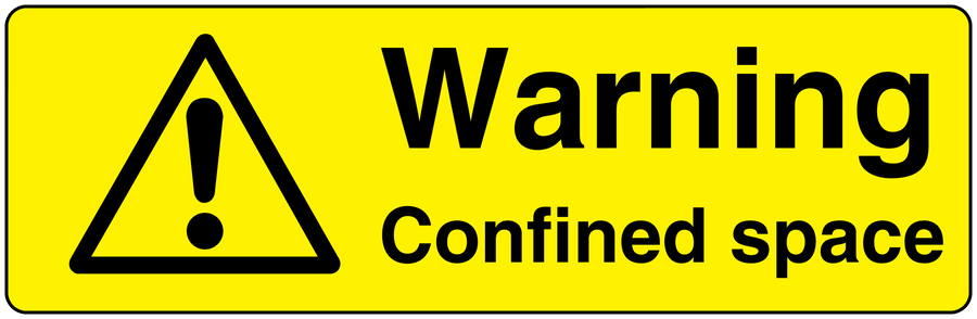 Warning confined space sticker: yellow label with black triangle and warning text