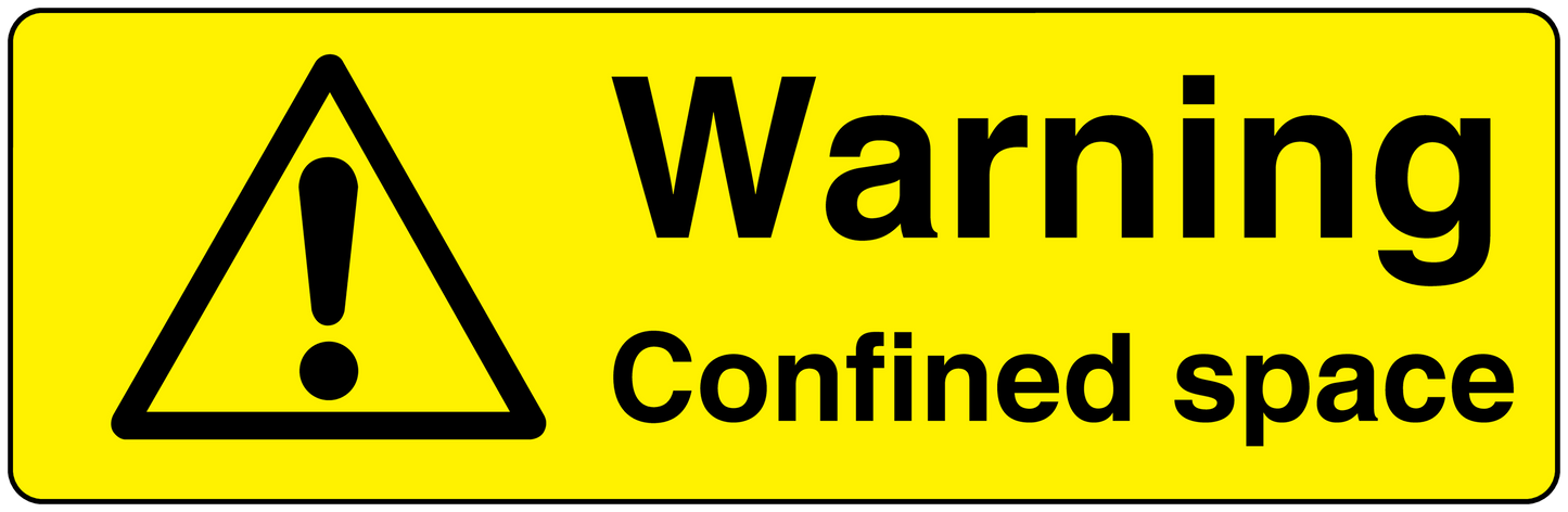 Warning confined space sticker: yellow label with black triangle and warning text