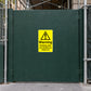 Yellow warning construction site sticker with caution triangle and Keep out text