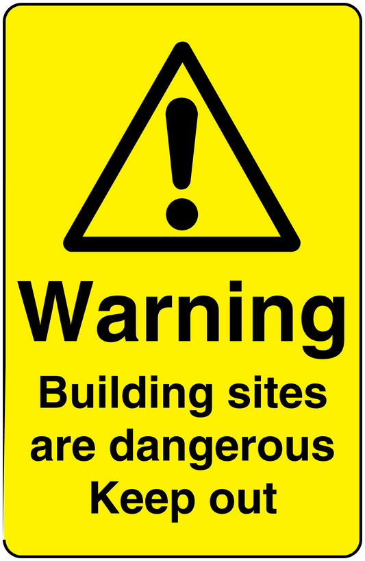 Yellow warning sticker with black triangle exclamation and 'Keep out' text