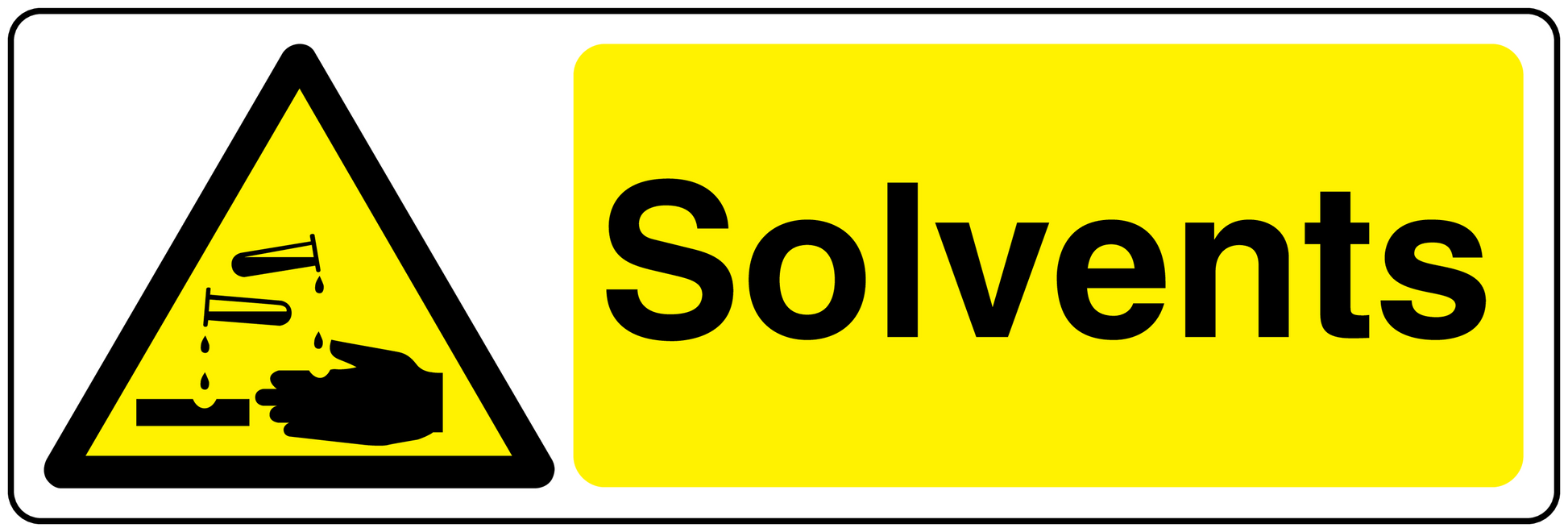Danger solvents sticker with yellow hazard triangle and word Solvents on yellow panel