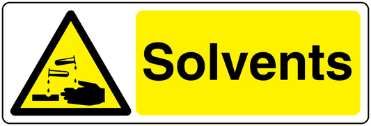 Danger solvents sticker with yellow hazard triangle and word Solvents on yellow panel