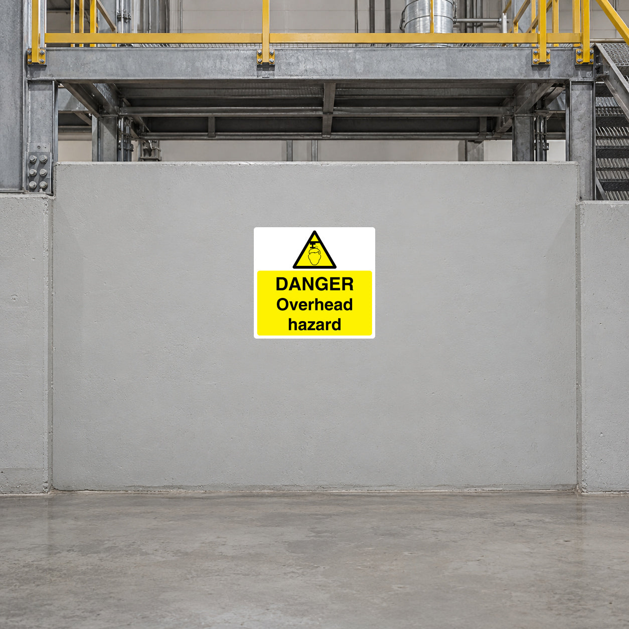 Danger overhead hazard sticker with yellow warning triangle and black text