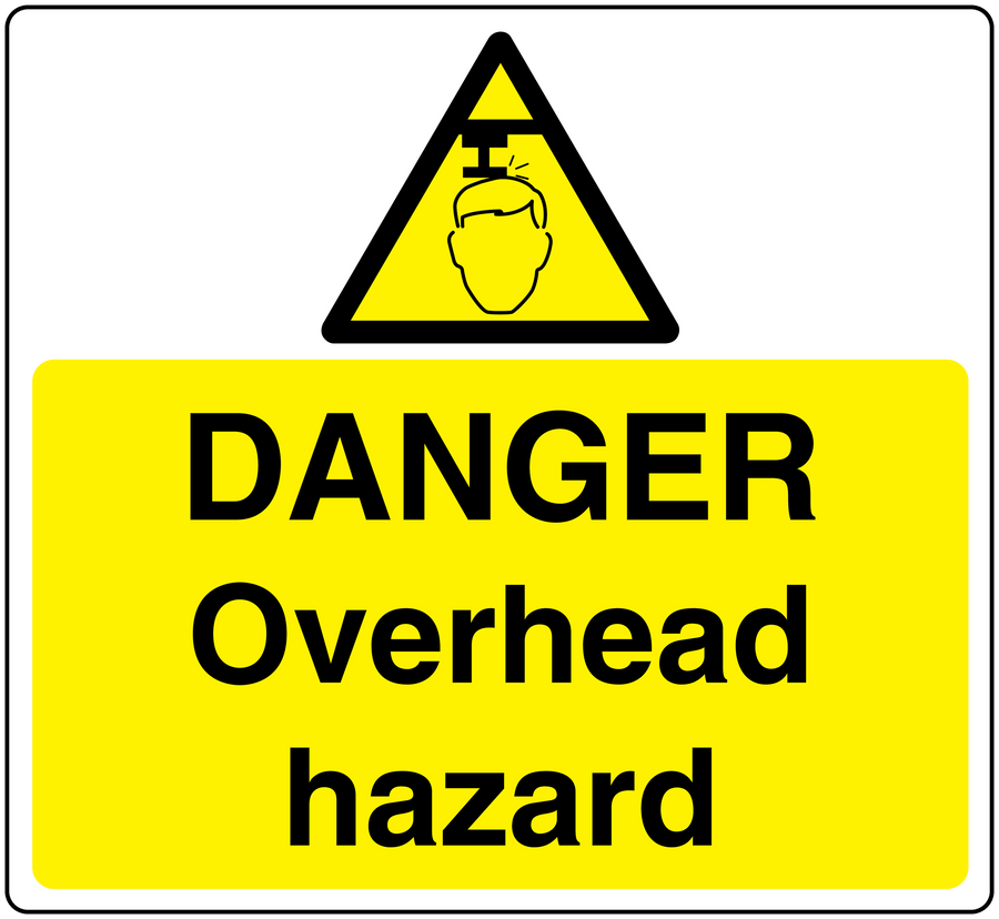 Overhead hazard warning sticker with yellow triangle and 'DANGER Overhead hazard' text