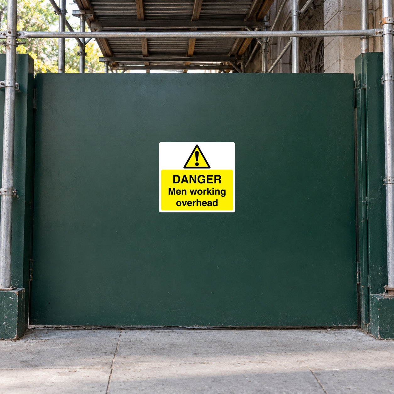 Warning sticker with yellow triangle and text: DANGER Men working overhead