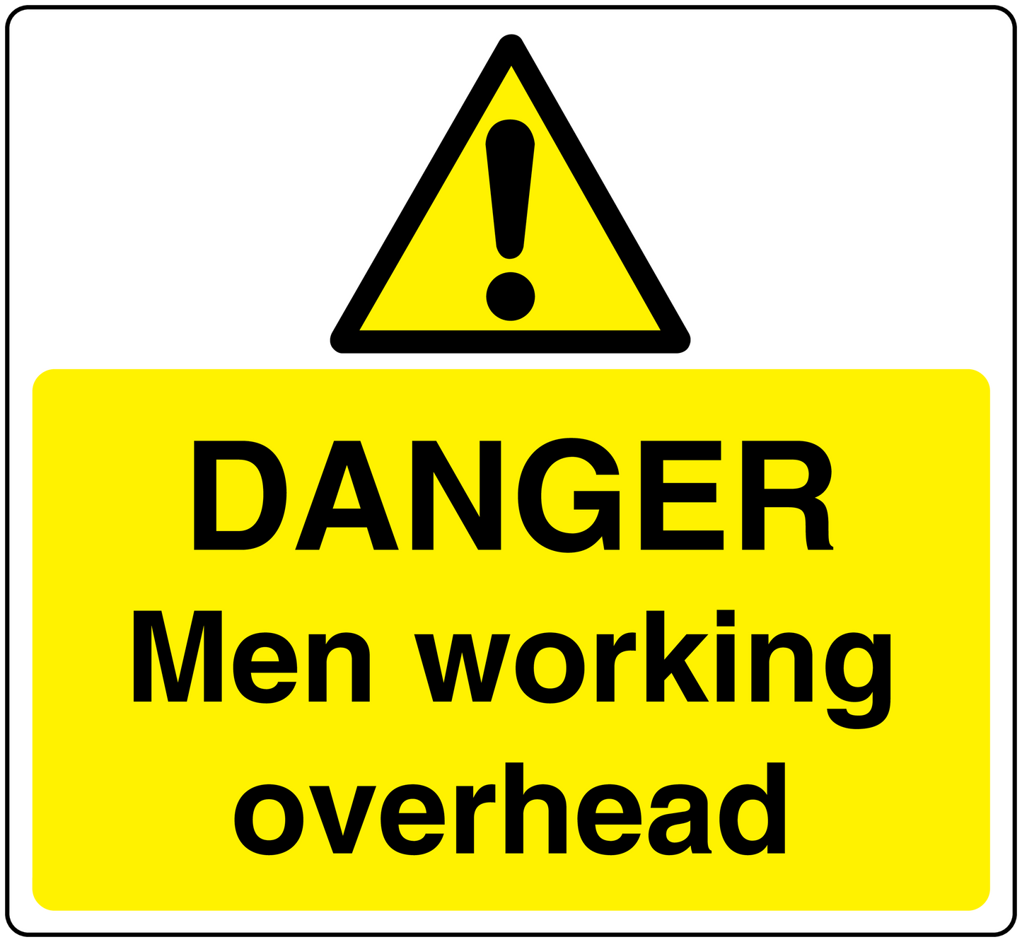 Warning sticker with yellow background, black text: DANGER Men working overhead