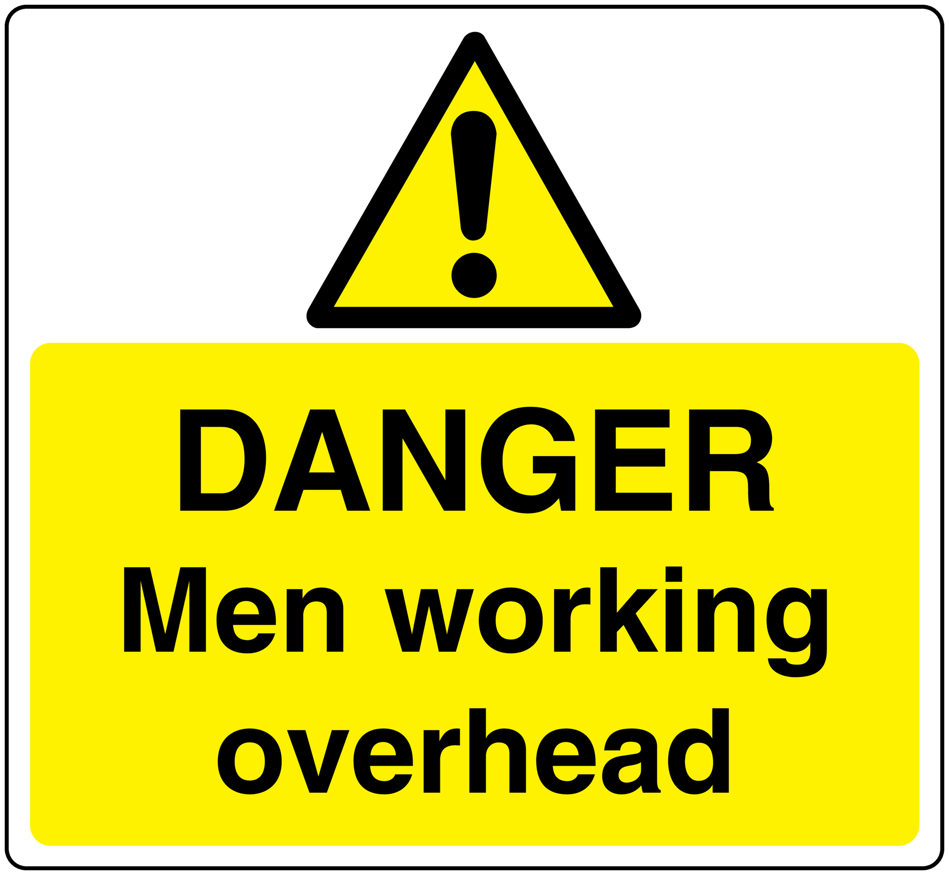 Warning sticker with yellow background, black text: DANGER Men working overhead