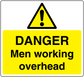 Warning sticker with yellow background, black text: DANGER Men working overhead