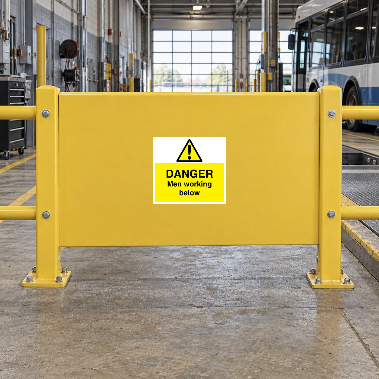 Yellow safety warning sticker panel: DANGER Men working below, triangular exclamation