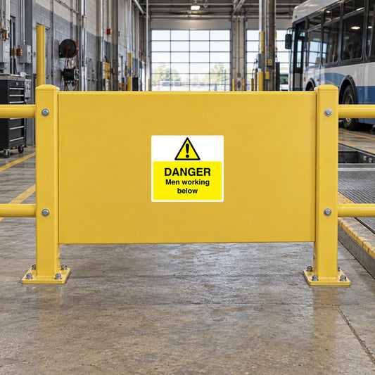 Yellow safety warning sticker panel: DANGER Men working below, triangular exclamation
