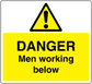 Safety sticker with black warning triangle and bold text: DANGER, Men working below